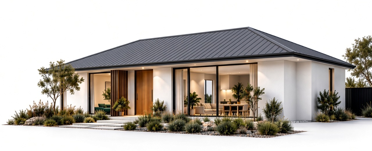 Illustration of a single-storey Australian home with a charcoal metal roof